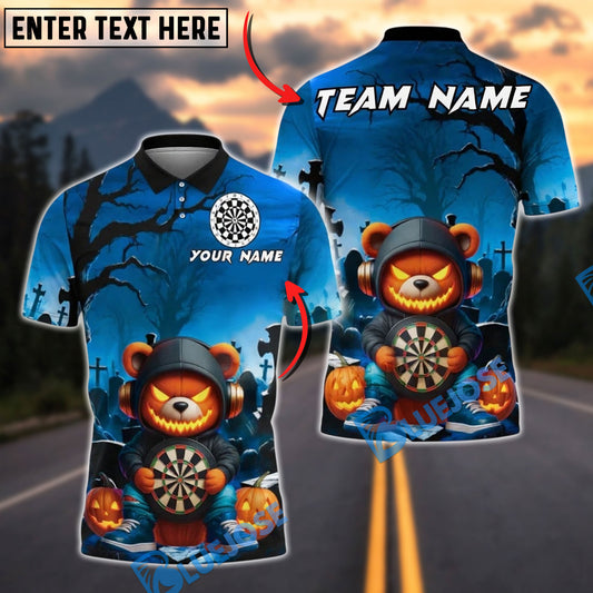 BlueJose Darts Halloween Bear Pumpkin Dartboard Personalized Name, Team Name Unisex Shirt (4 Colors)