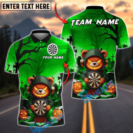 BlueJose Darts Halloween Bear Pumpkin Dartboard Personalized Name, Team Name Unisex Shirt (4 Colors)