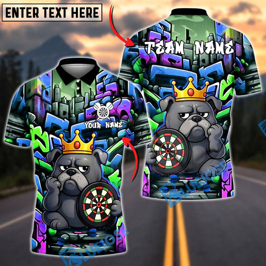 BlueJose Darts Bulldog King Graffiti Crown Customized Name, Team Name 3D Shirt (4 Colors)
