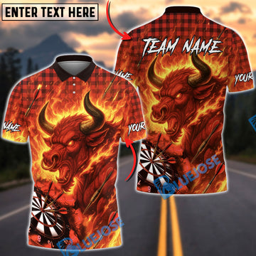 BlueJose Darts Bull Fire Flames Caro Pattern Multicolor Options Personalized Name Shirt (4 Colors)