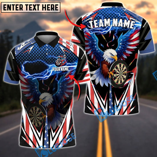 BlueJose Darts American Bald Eagle Lightning USA Flag Style Personalized Name Shirt