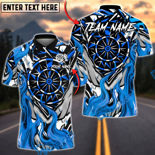 BlueJose Darts Abstract Flames with Geometric Dartboard Pattern Personalized Name, Team Name Unisex Shirt (4 Colors)