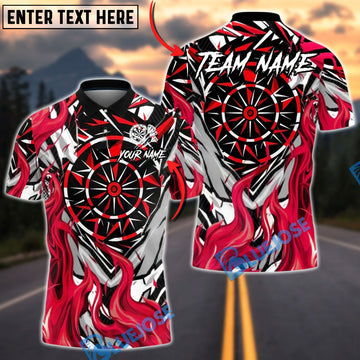 BlueJose Darts Abstract Flames with Geometric Dartboard Pattern Personalized Name, Team Name Unisex Shirt (4 Colors)