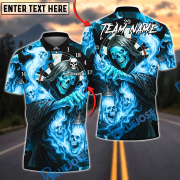 BlueJose Darts Grim Reaper Dartboard Flames Personalized Name, Team Name Unisex Shirt (4 Colors)