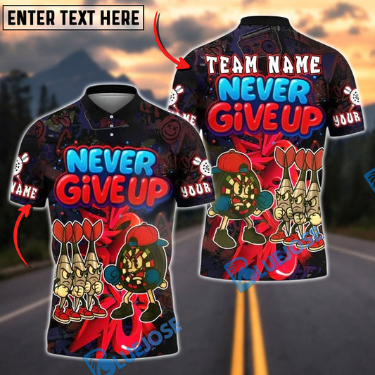 BlueJose Darts Never Give Up Graffiti Style Personalized Name, Team Name Unisex Shirt (4 Colors)