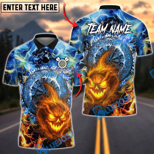 BlueJose Darts Dartboard Flaming Halloween Skull Lightning Personalized Name, Team Name Unisex Shirt (4 Colors)