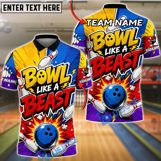 BlueJose Bowling And Pins Bowl Like A Beast Colorful Comic Burst  Customized Name, Team Name 3D Shirt