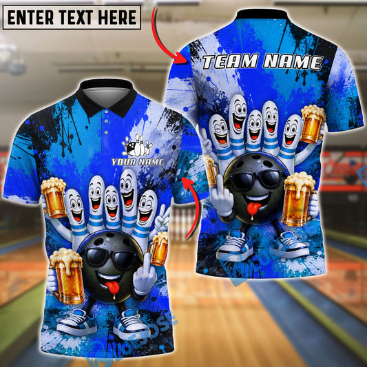 BlueJose Bowling And Pins Bad Attitude Cartoon Beer Party Gang Customized Name, Team Name 3D Shirt (4 Colors)