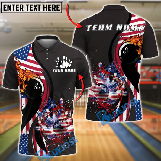 BlueJose Bowling Fireball Strike American Flag Personalized Name, Team Name 3D Shirt