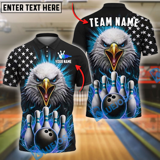 BlueJose Bowling And Pins Fire Eagle USA Flag Pattern Customized Name, Team Name 3D Shirt (4 Colors