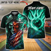 BlueJose Bowling & Pins Flaming Skull with American Flag Fire Bowling Ball Back Design Customized Name, Team Name 3D Shirt (4 Colors)