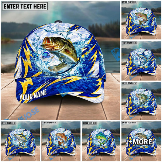 BlueJose Fishing Lightning Splash Blue Pattern Personalized Name Classic 3D Cap Personalized Cap (13 Breeds)