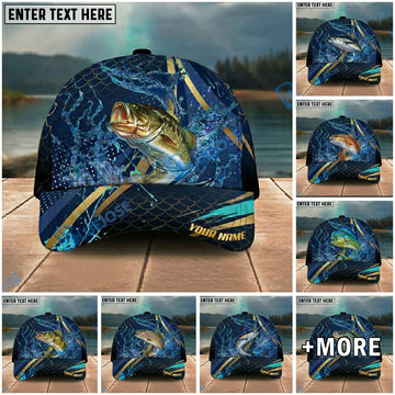 BlueJose Fishing Luxury Gold Stripe Water Splash Design Personalized Name Classic 3D Cap Personalized Cap (13 Breeds)