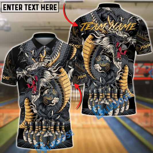 BlueJose Bowling & Pins Strike Asian Dragon Art Customized Name, Team Name 3D Shirt (4 Colors)