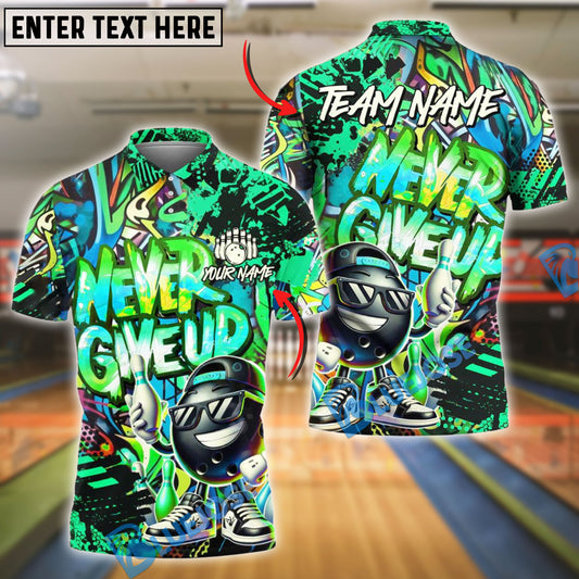 BlueJose Bowling And Pins Funny Never Give Up Graffiti Pattern Customized Name, Team Name 3D Shirt (4 Colors)