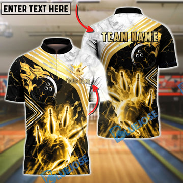 BlueJose Bowling & Pins Gold Marble Smoke Luxury Customized Name, Team Name 3D Shirt (6 Colors)