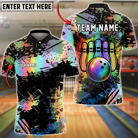 BlueJose Bowling And Pins Rainbow Splash Paint Strike Artistic Design Customized Name, Team Name 3D Shirt (4 Colors)