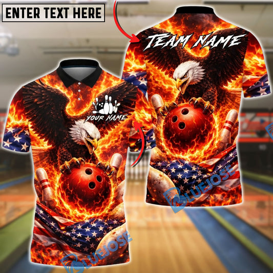 BlueJose Bowling USA Flag Eagle Fire Personalized Name, Team Name 3D Shirt