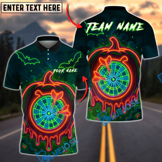 BlueJose Darts Halloween Pumpkin Dartboard Neon Glow Personalized Name, Team Name Unisex Shirt (4 Colors)
