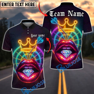 BlueJose Darts Neon Lips Diamond Crown Personalized Name, Team Name Unisex Shirt (4 Colors)