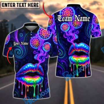 BlueJose Darts Neon Lips Smoke Psychedelic Personalized Name, Team Name Unisex Shirt (4 Colors)
