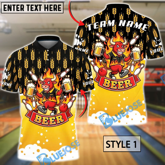 BlueJose Bowling Beer Bull Wheat Pattern Customized Name, Team Name 3D Shirt (4 Colors)