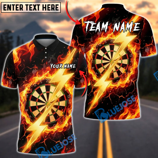 BlueJose Darts Fire Flames Golden Lightning Bolt Multicolor Options Personalized Name Shirt (4 Colors)