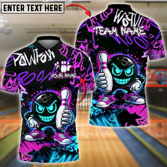 BlueJose Bowling & Pins Neon Graffiti Smiley Bowling Ball Graphic  Customized Name, Team Name 3D Shirt (4 Colors)