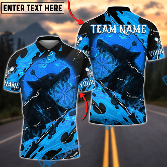 BlueJose Darts Black Fire Wolf Moon Target Personalized Name, Team Name Unisex Shirt (4 Colors)