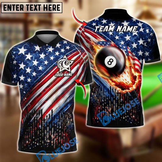 BlueJose Billiards USA Flag Flaming 8 Ball Patriotic Pool Player Design Personalized Shirt