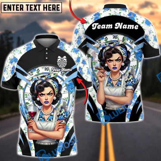 BlueJose Darts Retro Pinup Lady Floral Dartboard Personalized Name, Team Name Unisex Shirt (6 Colors)