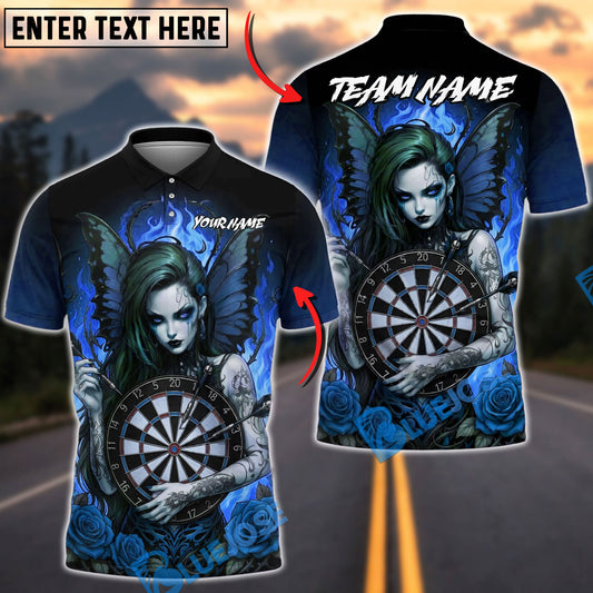 BlueJose Darts Dartboard Dark Gothic Fairy Girl Wings Roses Personalized Name, Team Name Unisex Shirt (4 Colors)
