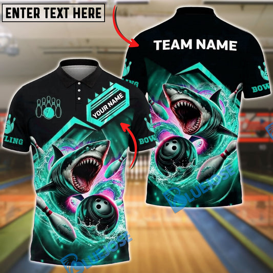BlueJose Bowling Angry Great White Shark Ocean Water Splash Jumping Customized Name, Team Name 3D Shirt (4 Colors)