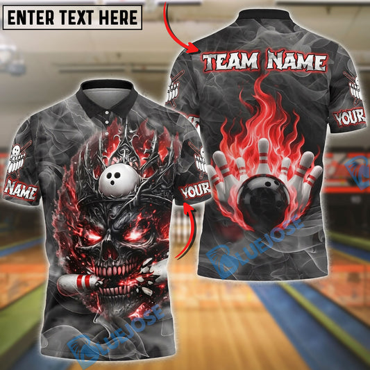 BlueJose Bowling And Pins Skull King Flame Gothic Style Customized Name, Team Name 3D Shirt (4 Colors)