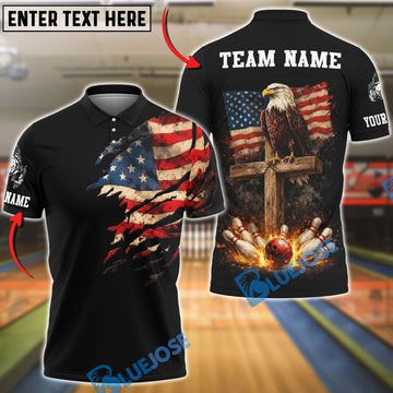 BlueJose Bowling Distressed American Flag Rip Shoulder & Eagle Cross Strike Art Personalized Name, Team Name 3D Shirt