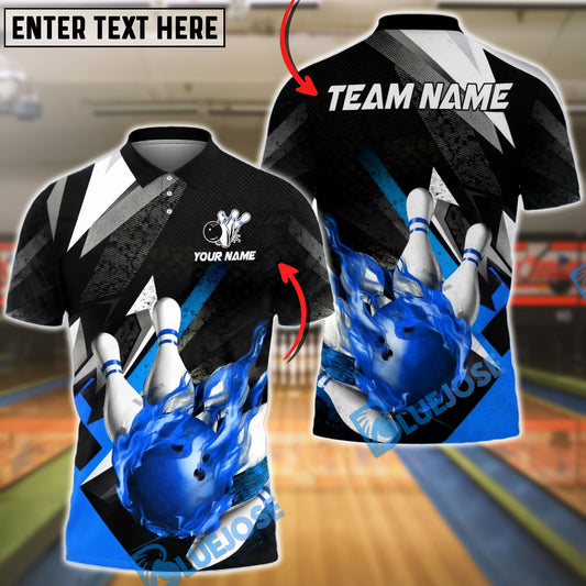 BlueJose Bowling & Pins Abstract Fire Ball Black Lightning Customized Name, Team Name 3D Shirt (4 Colors)