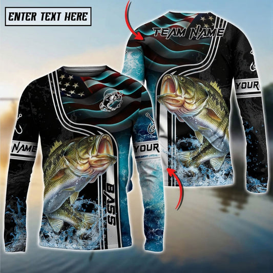 Bluejose Bass Jumping Fish American Flag Wave Splash Custom Name & Team Name 3D Shirts