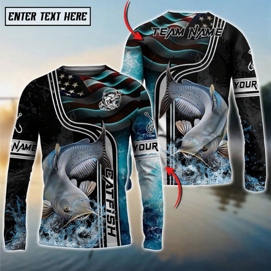 Bluejose Catfish Jumping Fish American Flag Wave Splash Custom Name & Team Name 3D Shirts