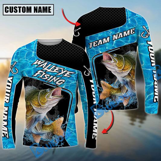 Bluejose Walleye Fishing Jumping Water Splash Art Custom Name & Team Name 3D Shirts