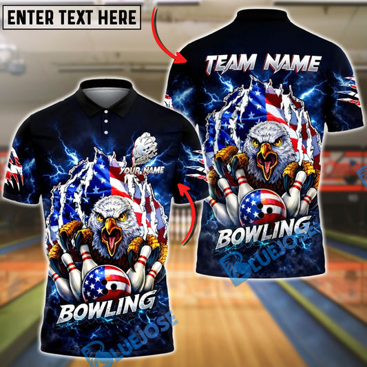 BlueJose Bowling Lightning Eagle Bowling Strike Ripped American Flag Personalized Name, Team Name 3D Shirt