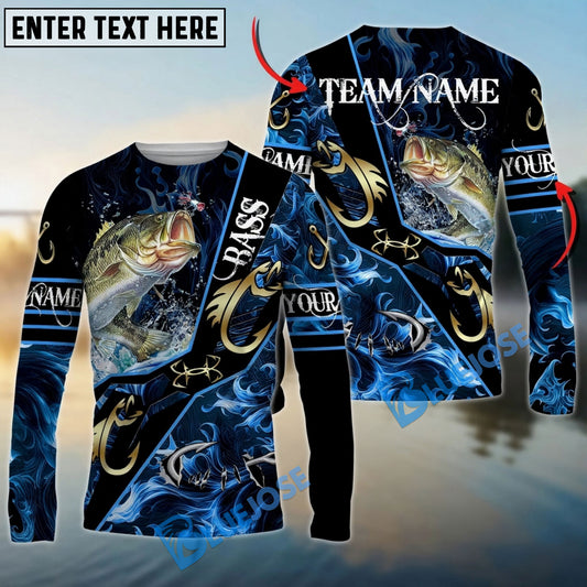 Bluejose Bass Fishing Realistic Jumping Blue Water Flame Golden Hooks Custom Name & Team Name 3D Shirts