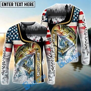 Bluejose Bass Fishing Giant Fish Water Splash American Flag Landscape Custom Name & Team Name 3D Shirts