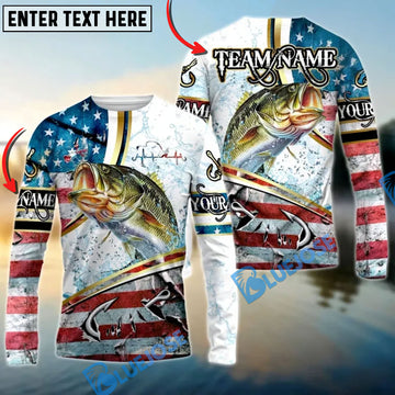 Bluejose Bass Fishing USA Flag Dynamic Splash Custom Name & Team Name 3D Shirts