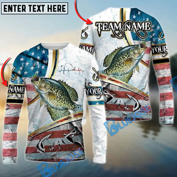 Bluejose Crappie Fishing USA Flag Dynamic Splash Custom Name & Team Name 3D Shirts