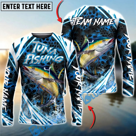 Bluejose Tuna Fishing Modern Hexagon Water Splash Custom Name & Team Name 3D Shirts