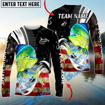 Bluejose Mahi-Mahi Fishing American Flag Splash Art Custom Name & Team Name 3D Shirts