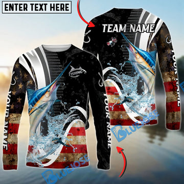 Bluejose Marlin Fishing American Flag Splash Art Custom Name & Team Name 3D Shirts