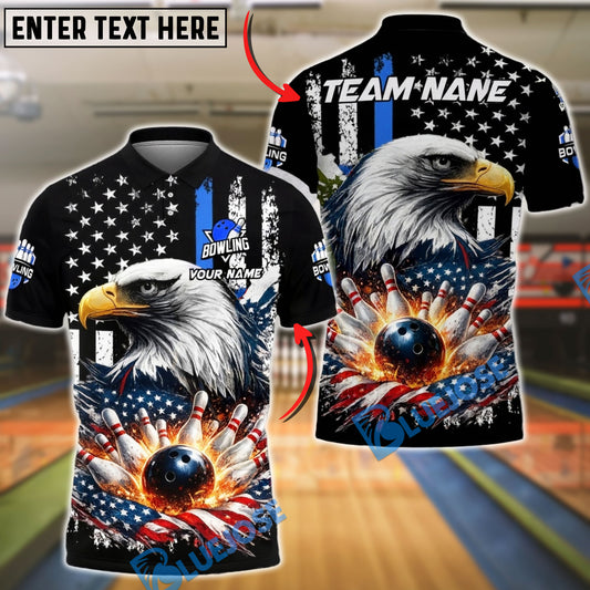 BlueJose Bowling & Pins American Flag Eagle Strike Explosion Customized Name, Team Name 3D Shirt (4 Colors)
