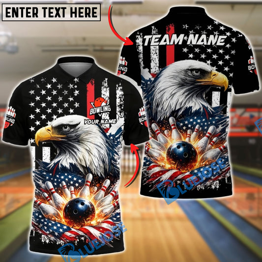 BlueJose Bowling & Pins American Flag Eagle Strike Explosion Customized Name, Team Name 3D Shirt (4 Colors)