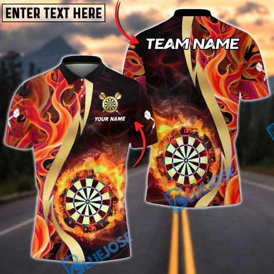BlueJose Darts Flaming Dartboard Shirt Fire Burst Golden Streak Multicolor Options Personalized Name Shirt (4 Colors)